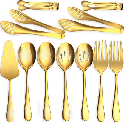 11 PCS Serving Utensils, Large Stainless Steel Spoons Forks Tongs, Pie Server, Great for Hostess Buffet Catering Banquet Party, Silver