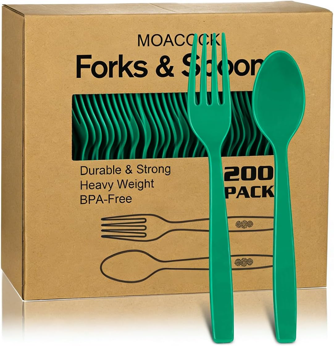 MOACOCK 200 Count Plastic Silverware, Heavy Weight Plastic Forks Spoons Disposable Utensils Cutlery Set for Wedding Party Supplies Everyday Use