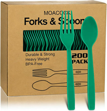 MOACOCK 200 Count Plastic Silverware, Heavy Weight Plastic Forks Spoons Disposable Utensils Cutlery Set for Wedding Party Supplies Everyday Use