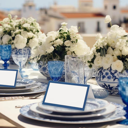 Whaline 100Pcs Navy Blue Place Cards 3.5 x 2 Inch White Blank Tented Cards Wedding Seating Cards for Party Table Setting Supplies