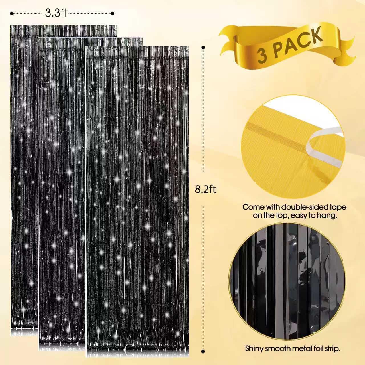Birthday Party Decorations: 3 Pack 3.3 x 9.9 ft Gold Foil Fringe Curtains Party Supplies, Tinsel Curtain Backdrop for Parties/Birthday/Photo Booth