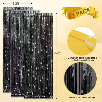 Birthday Party Decorations: 3 Pack 3.3 x 9.9 ft Gold Foil Fringe Curtains Party Supplies, Tinsel Curtain Backdrop for Parties/Birthday/Photo Booth