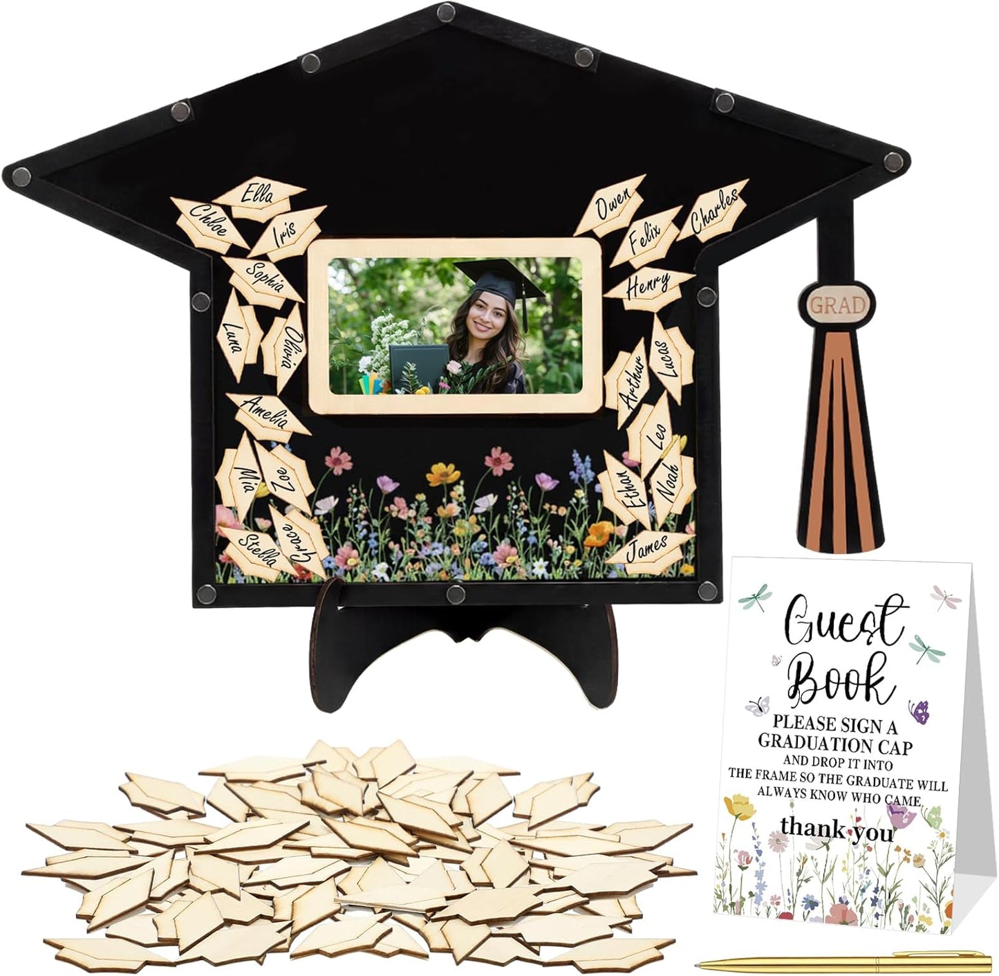 Yalikop 84 Pcs Wildflower Graduation Guest Book Alternative 2026 Graduation Signature Grad Cap Signing Frame with 80 Wood Slices, Pen & Stand Grad Keepsake Gift for High School College Party