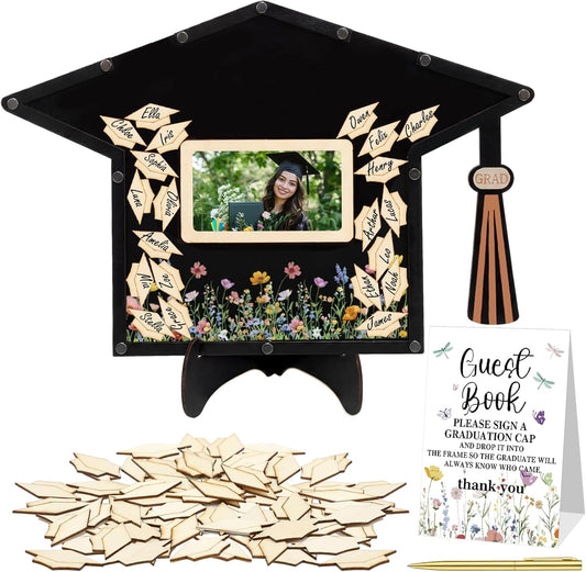 Yalikop 84 Pcs Wildflower Graduation Guest Book Alternative 2026 Graduation Signature Grad Cap Signing Frame with 80 Wood Slices, Pen & Stand Grad Keepsake Gift for High School College Party