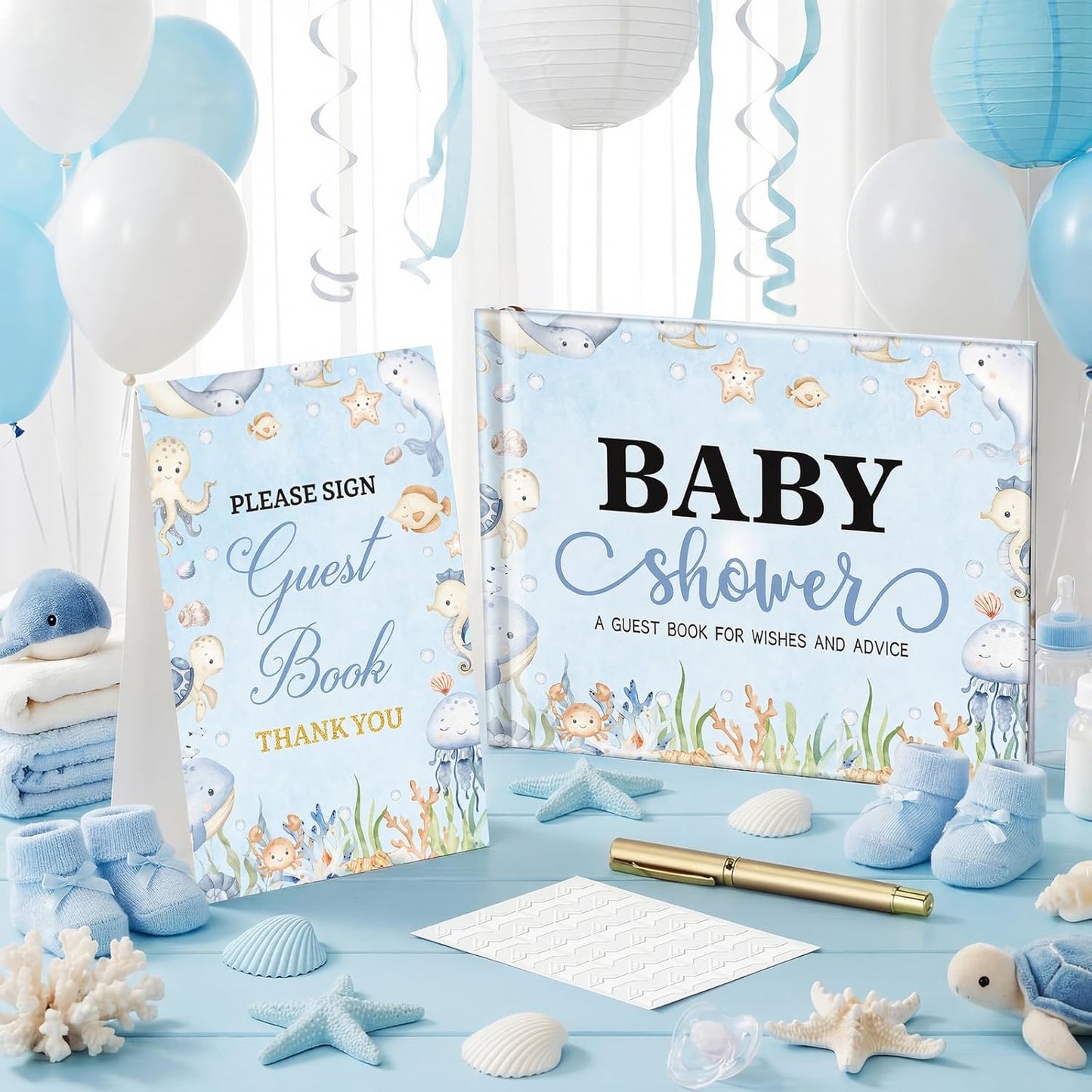 Fuyoooo 27 Pcs Safari Animal Baby Shower Guest Book Set Baby Shower Sign in Guest Floral Book Place Table Cards with Gold Pen Adhesive Photo Corner for Birthday Party