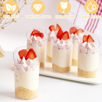 TOFLEN 100 Pack Mini Dessert Cups with Spoons, 2.2 oz Round Plastic Dessert Shooter Cups Slanted Appetizer Cups for Party Serving Jello Parfait Triffle