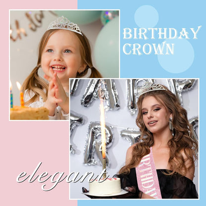 Chanaco Happy Birthday Crown and Sash Kit for Women and Girls - Rhinestone Tiara and Sashes with 'BIRTHDAY GIRL' Sash for Party Favors
