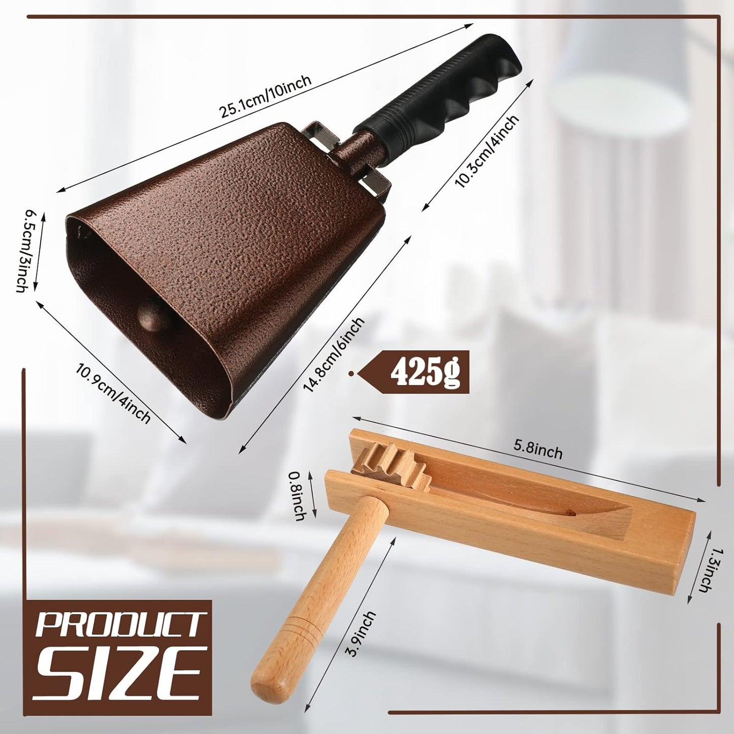 Nuanchu 10 Inch Cowbell Noise Makers for Sport Event Steel Cowbell with Handle and 2 Pcs Wooden Spinning Rattle Ratchet Matraca Cheer Bell Alarm for Football Game Musical Percussion Instruments(Brown)