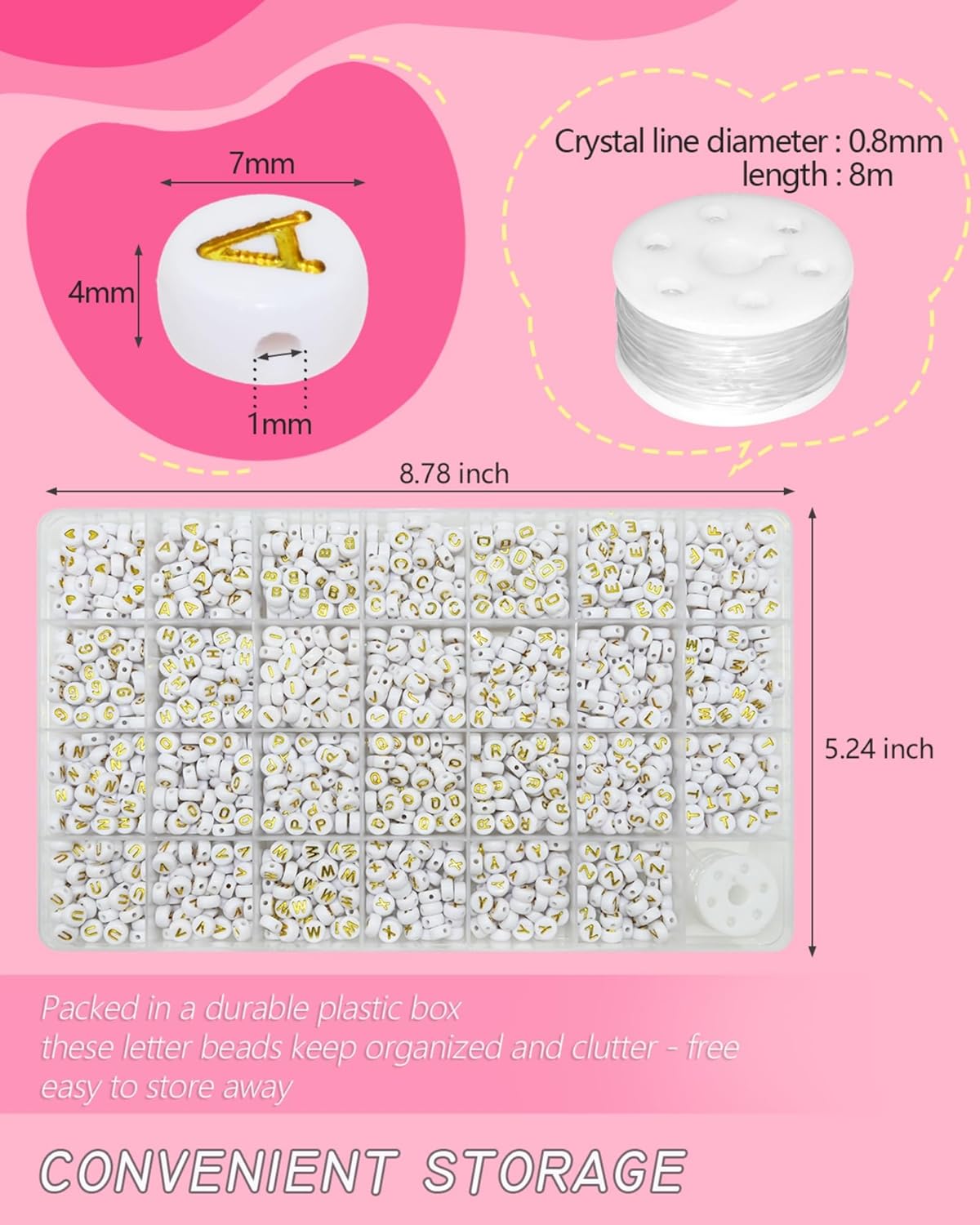 Amaney 1400pcs Glow Letter Beads, Heart Beads Whit Elastic Beading Cord,4x7mm Round Acrylic Alphabet Beads for Friend Bracelet Jewelry Making