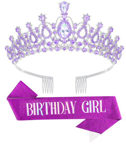 Birthday Tiara Crown with Sash for Women, Headband Hair Accessories for Wedding Party Costume