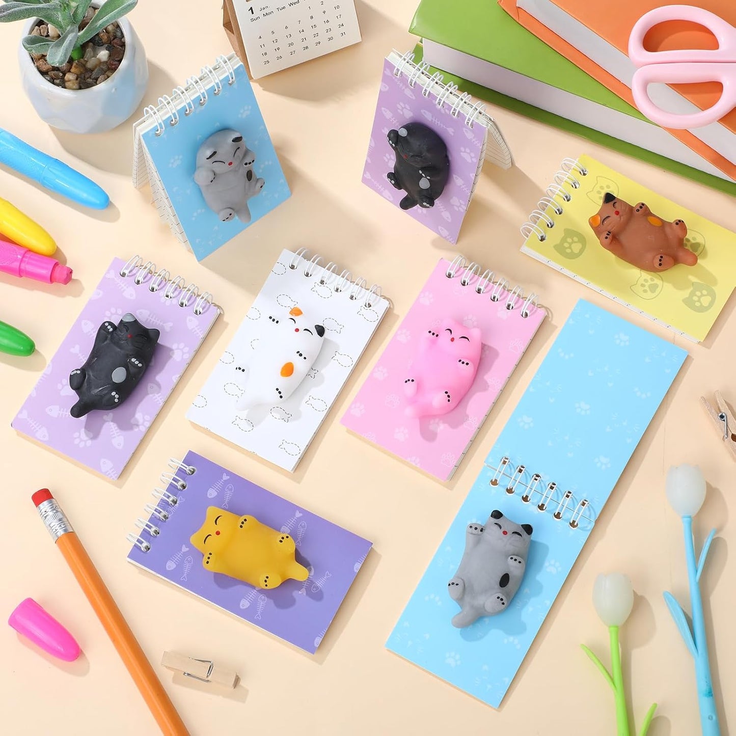 Epakh 24 Packs Mini Cute Animal Notebook Cat Party Favors Spiral Notebook with Squeeze Animal 2.4 x 3.9 Inch Pocket Journals Bulk with Squeeze Balls First Day of School Gifts(Cat)