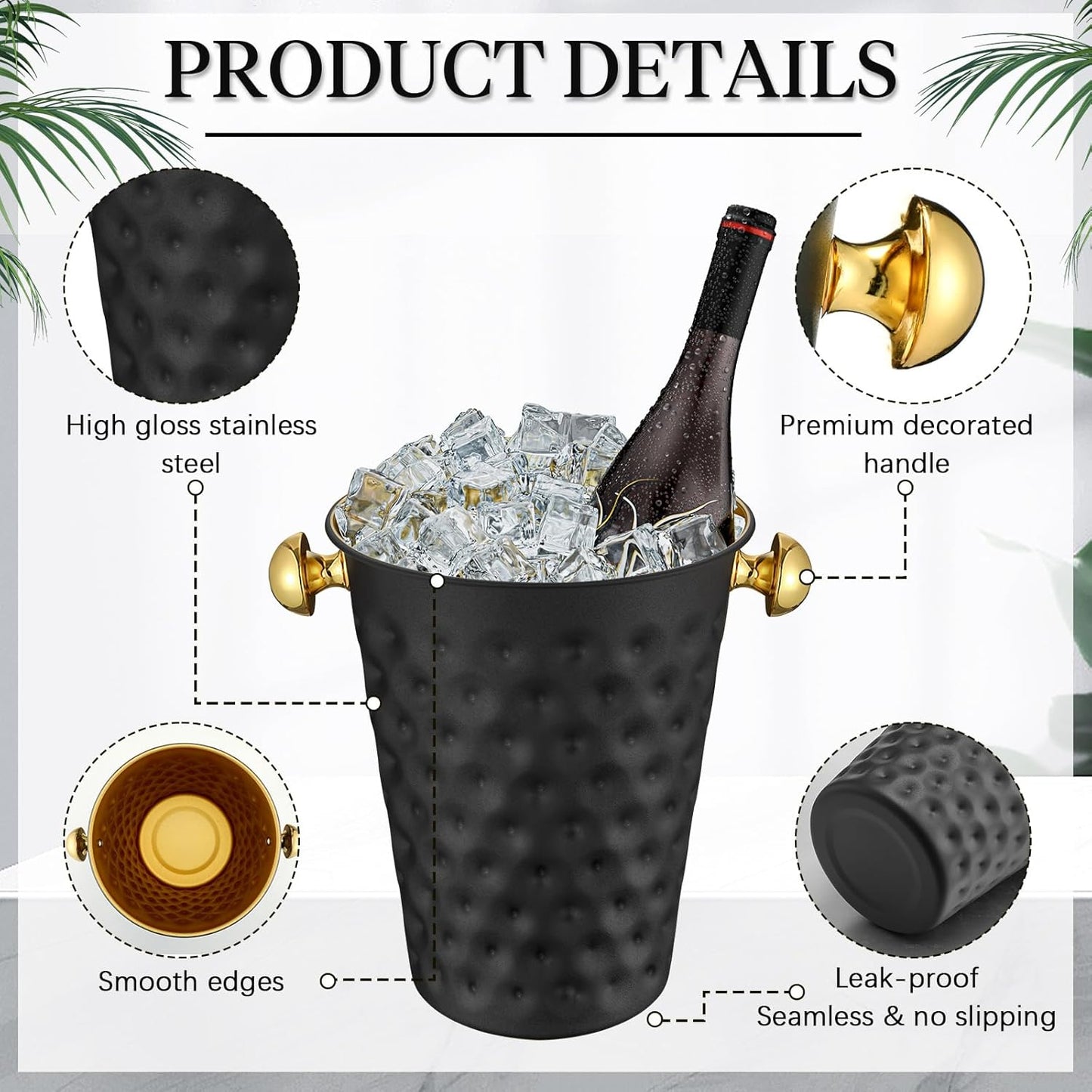 MorningRo 2 Pcs 5 Quart Black Champagne Ice Bucket 4.7 L Metal Doublewall Hammered Stainless Steel Wine Beer Chiller Home Bar Accessories for Football Sports Wedding Party Summer BBQ (Beveled Mouth)