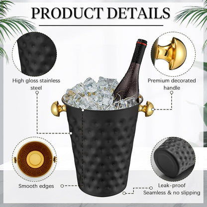 MorningRo 2 Pcs 5 Quart Black Champagne Ice Bucket 4.7 L Metal Doublewall Hammered Stainless Steel Wine Beer Chiller Home Bar Accessories for Football Sports Wedding Party Summer BBQ (Beveled Mouth)