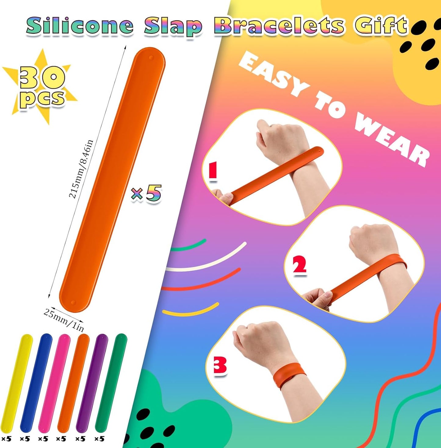Vinsot 30 Pcs Silicone Slap Bracelets Gift for Kids DIY Slap Bands Party Favor Soft Blank Snap Wristbands Bulk for School Craft Project Painting Classroom Prizes Birthday Wedding