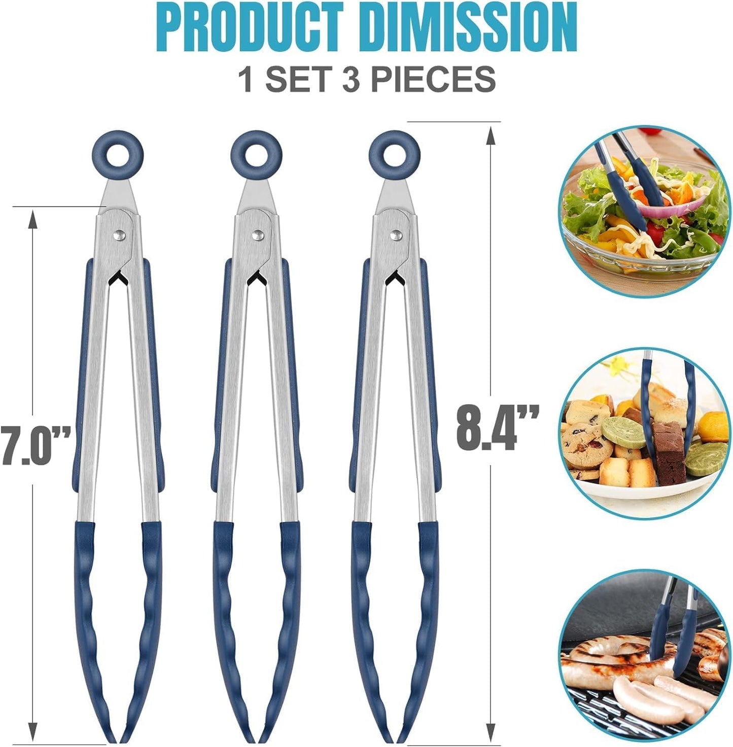 Hotec Mini Silicone Kitchen Tongs for Cooking - 7-Inch Small Serving Tongs with Silicone Tips, Set of 3 (Blue)