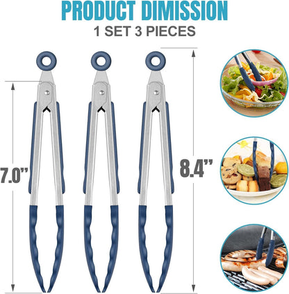 Hotec Mini Silicone Kitchen Tongs for Cooking - 7-Inch Small Serving Tongs with Silicone Tips, Set of 3 (Blue)
