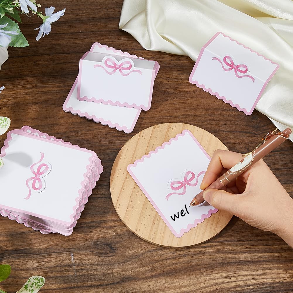SUPERFINDINGS 200Pcs Blank Place Cards Blue Bow Place Cards 4.02x3.54 Inch/10.2x9cm Wedding Seating Card Buffet Food Labels Tent Fold Table Name Card for Wedding Party Table Setting