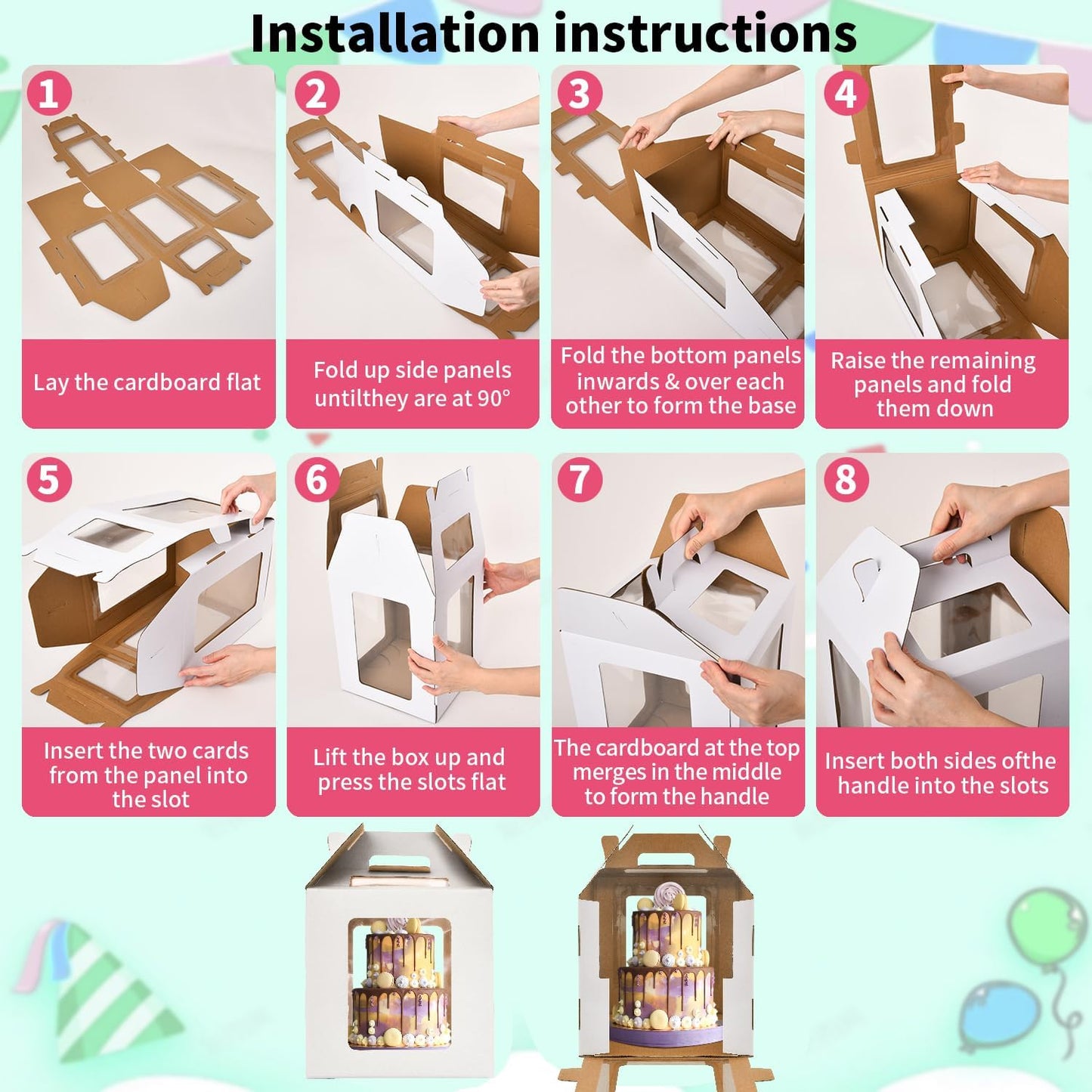 3 Pack 12in Tall Cake Boxes for Tier Cakes, 12x12x14 Inch Tiered Cake Box,Tall Cake Carrier with Window, 10in 12in Large Tierd Bakery Take Out Transport Containers with Handle