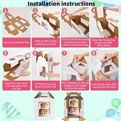 3 Pack 12in Tall Cake Boxes for Tier Cakes, 12x12x14 Inch Tiered Cake Box,Tall Cake Carrier with Window, 10in 12in Large Tierd Bakery Take Out Transport Containers with Handle