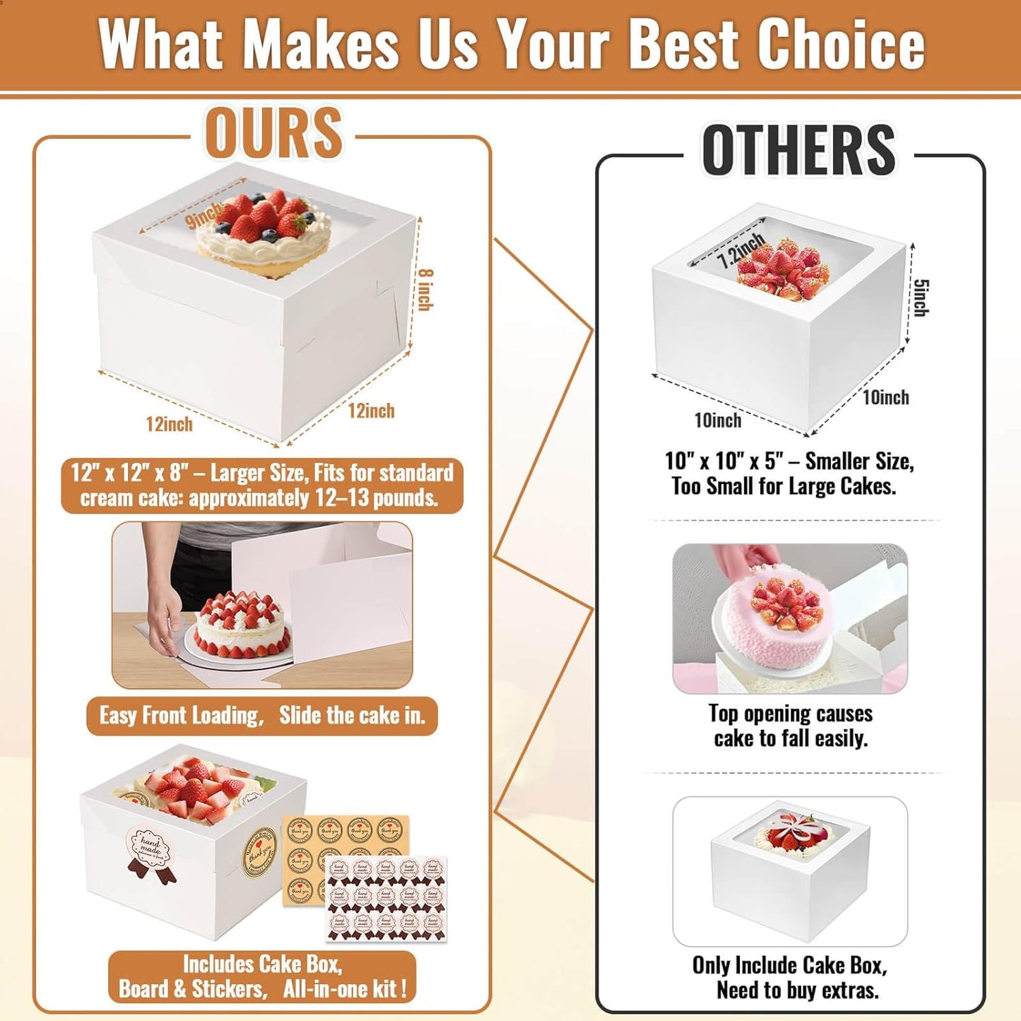 12 Pcs Cake Boxes 12 inch,12x12x8 Inches Cake Box with Window, 5 Pcs Tall 12x12 Cakes Boxes with 5 Pcs Cake Boards, Large Baking Boxes, White Square Cakes Containers for Multi-Layer Cakes