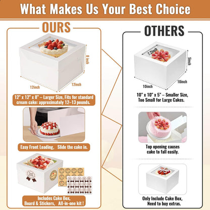 12 Pcs Cake Boxes 12 inch,12x12x8 Inches Cake Box with Window, 5 Pcs Tall 12x12 Cakes Boxes with 5 Pcs Cake Boards, Large Baking Boxes, White Square Cakes Containers for Multi-Layer Cakes