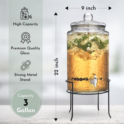 1.5 Gallon Glass Drink Dispenser for Parties 3 PACK Beverage Dispensers with Stand, Glass Water Jug Dispenser, with 18/8 Stainless Steel Spigot, Great for Party, Wedding, Picnic, BBQ Wicker Design
