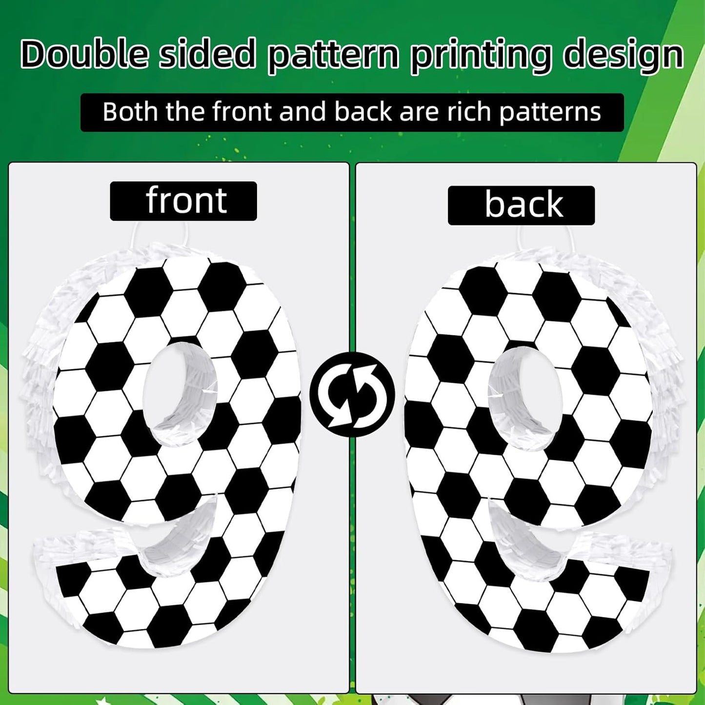 16Inch Soccer Ball Number 9 Piñata Includes Wooden Stick, Blindfold, and Confetti for for Kids 7th Anniversary Sport Themed Party Birthday Supplies