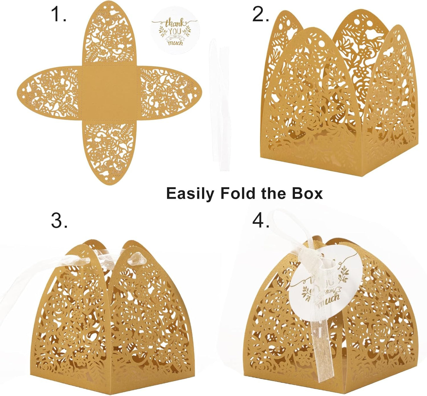AdasBridal 50Pcs Small Gift Boxes for Party Favors, Laser Cut Candy Boxes Wedding Favor with Thank You Card Ribbons for Bridal Baby Shower Wedding Decorations (White, 2.36")