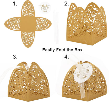 AdasBridal 50Pcs Small Gift Boxes for Party Favors, Laser Cut Candy Boxes Wedding Favor with Thank You Card Ribbons for Bridal Baby Shower Wedding Decorations (White, 2.36")