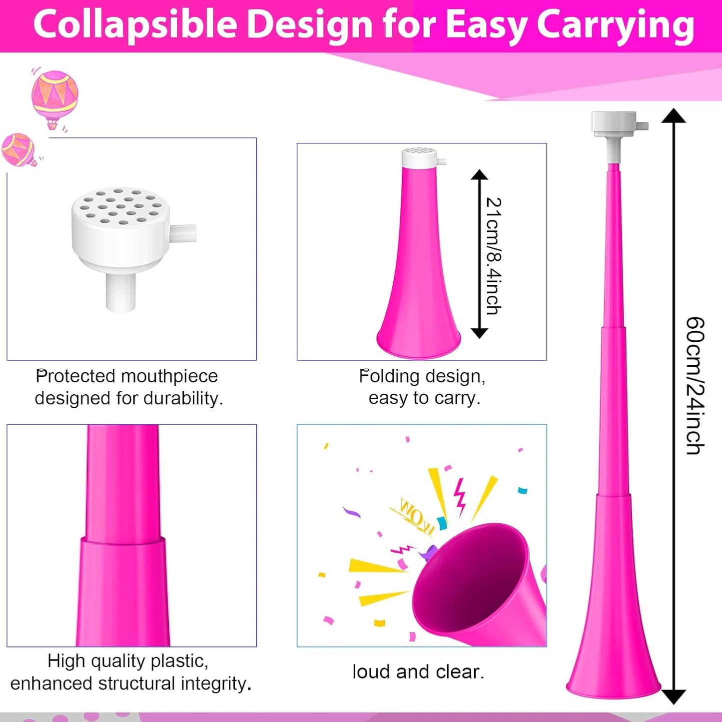 Collapsible Stadium Horn 24 Inch Vuvuzela Plastic Trumpet Blow Horns Noise makers for Sporting Events School Sports Football Games Party Supplies Favors Accessories (Black)