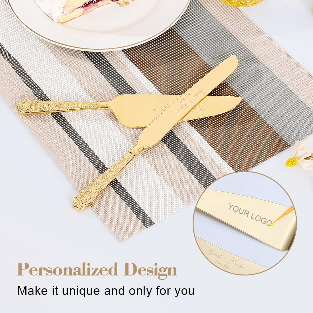 Wedding Cake Knife and Server Set, Personalized Gold Cake Cutting Set for Wedding, Engraved Classic Cake Knives Cutter Set, Pie Server, Birthday Bridal Quinceañera Gift (CUS-Flower)