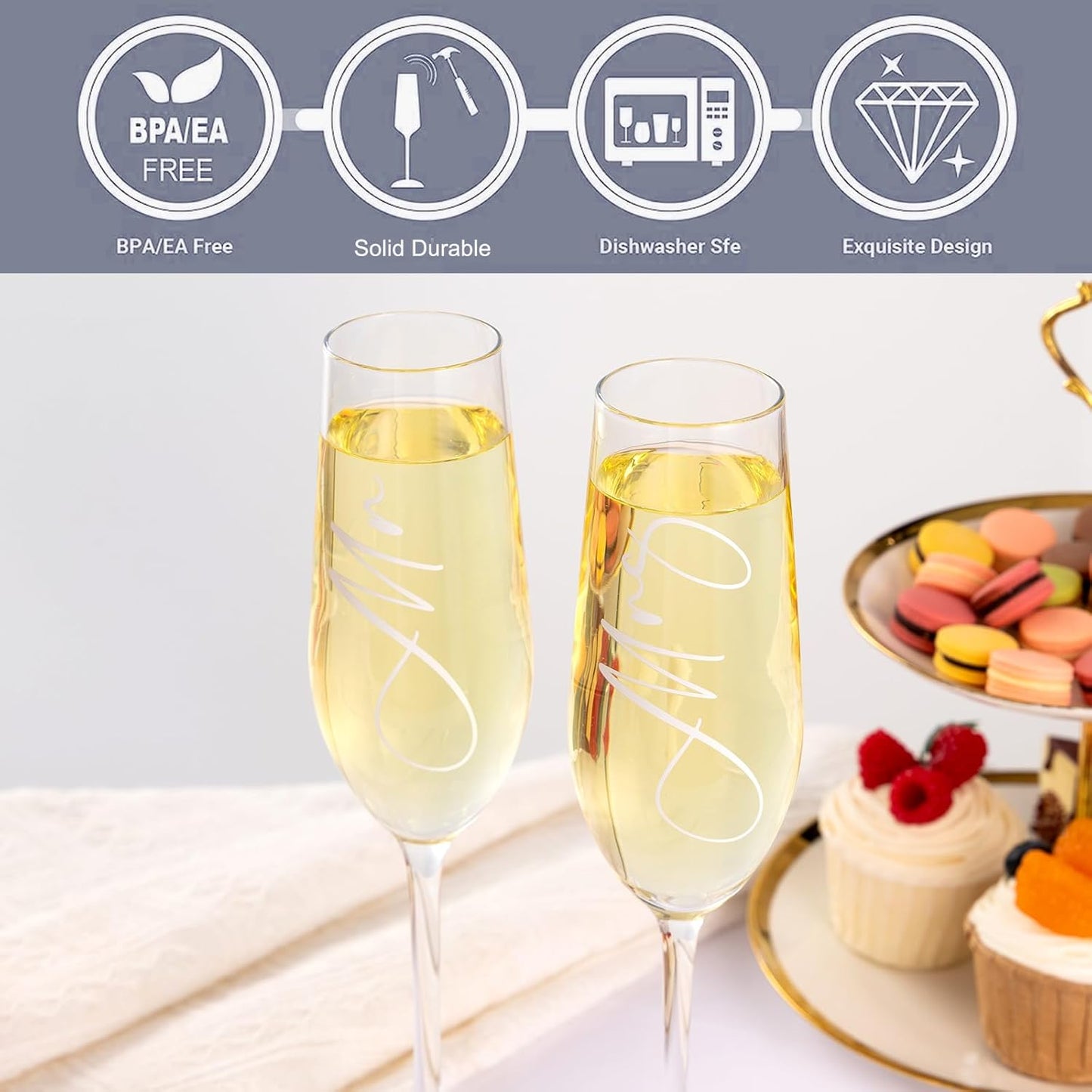 Wedding Cake Knife and Server Set, Mr and Mrs Champagne Flutes & Forks with Giftable Box, Cake Cutting Set for Wedding Engagement Bridal Shower Gifts (Silver)