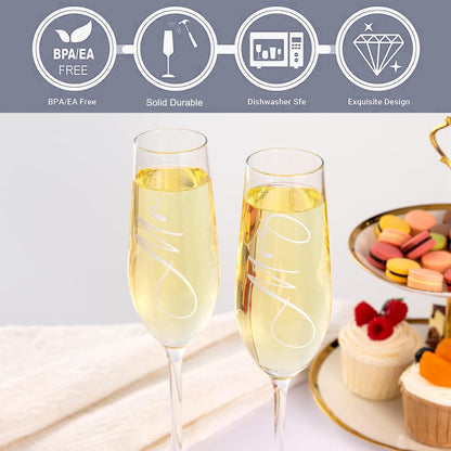 Wedding Cake Knife and Server Set, Mr and Mrs Champagne Flutes & Forks with Giftable Box, Cake Cutting Set for Wedding Engagement Bridal Shower Gifts (Silver)