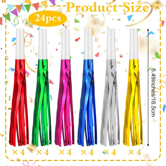 Sibba 24 Pcs Glitter Fringe Party Blowers Noise Makers Metallic Fringed Party Blow Horn for Birthday, Graduation, Sporting Events, Family Gathering, Christmas