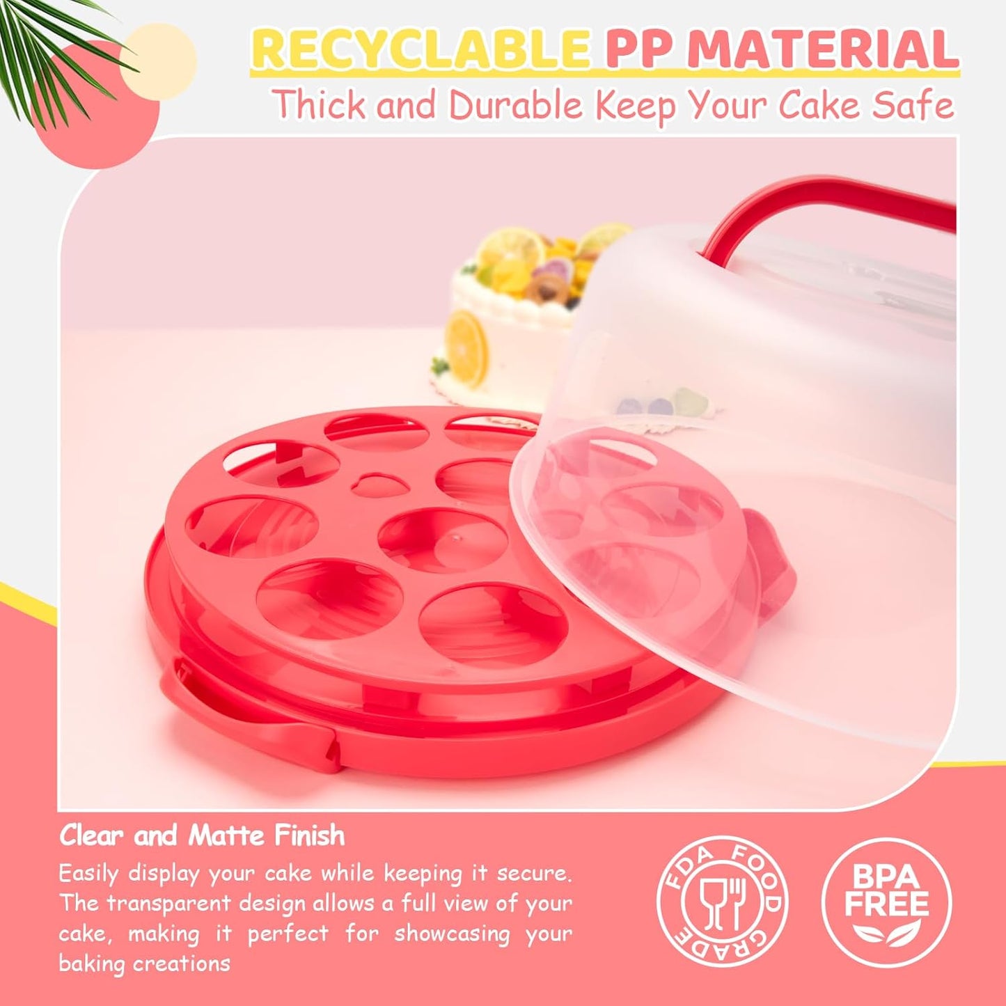 Cake Carrier with Lid and Handle, Ohuhu BPA-Free Cake Containers Cake Holder for 10 inch Cake with 2 Handle Cupcake Carrier - Plastic Cover Two Sided Base for Transport Pie Nut Fruit Mothers Day Gifts