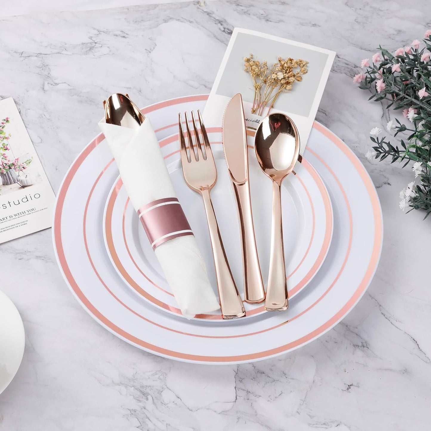 BESTVIP 350PCS Gold Plastic Dinnerware Set, Disposable Party Plates for 50 Guests, Include: 100 Plastic Plates, 50 Pre Rolled Napkins with Gold Silverware, 50 Cups