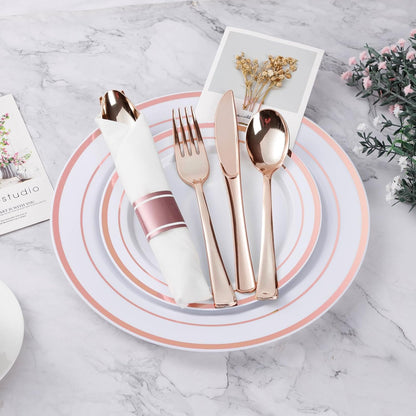 BESTVIP 350PCS Gold Plastic Dinnerware Set, Disposable Party Plates for 50 Guests, Include: 100 Plastic Plates, 50 Pre Rolled Napkins with Gold Silverware, 50 Cups