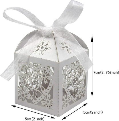 KPOSIYA 100 Pack Love Heart Laser Cut Wedding Party Favor Box Candy Bag Chocolate Gift Boxes Bridal Birthday Shower Bomboniere with Ribbons