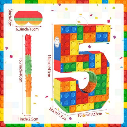Number 7 Pinata Building Blocks with Pinata Stick Blindfold 7th Birthday Party Decorations Happy Birthday Building Block Theme Anniversary Party Supplies for Kids (Small, 16 x 10.6 x 3 in)