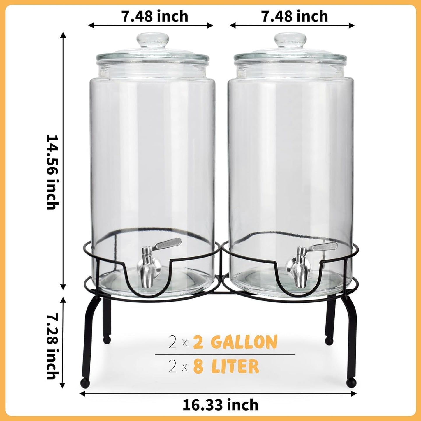 1 Gallon Beverage Dispenser 2 Pack, Stainless Steel Spigot Drink Dispenser for Parties with Stand, Clear Glass Drink Container Easy to Refill and Clean