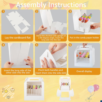 MGWOTH Cake Pop Boxes Packaging with Sticks Set, 5PCS Cakesicle Display Stand with Window, Portable Lollipops Transport Holder with 100Pcs Paper Sticks, Bakery Containers for Babyshower, Party