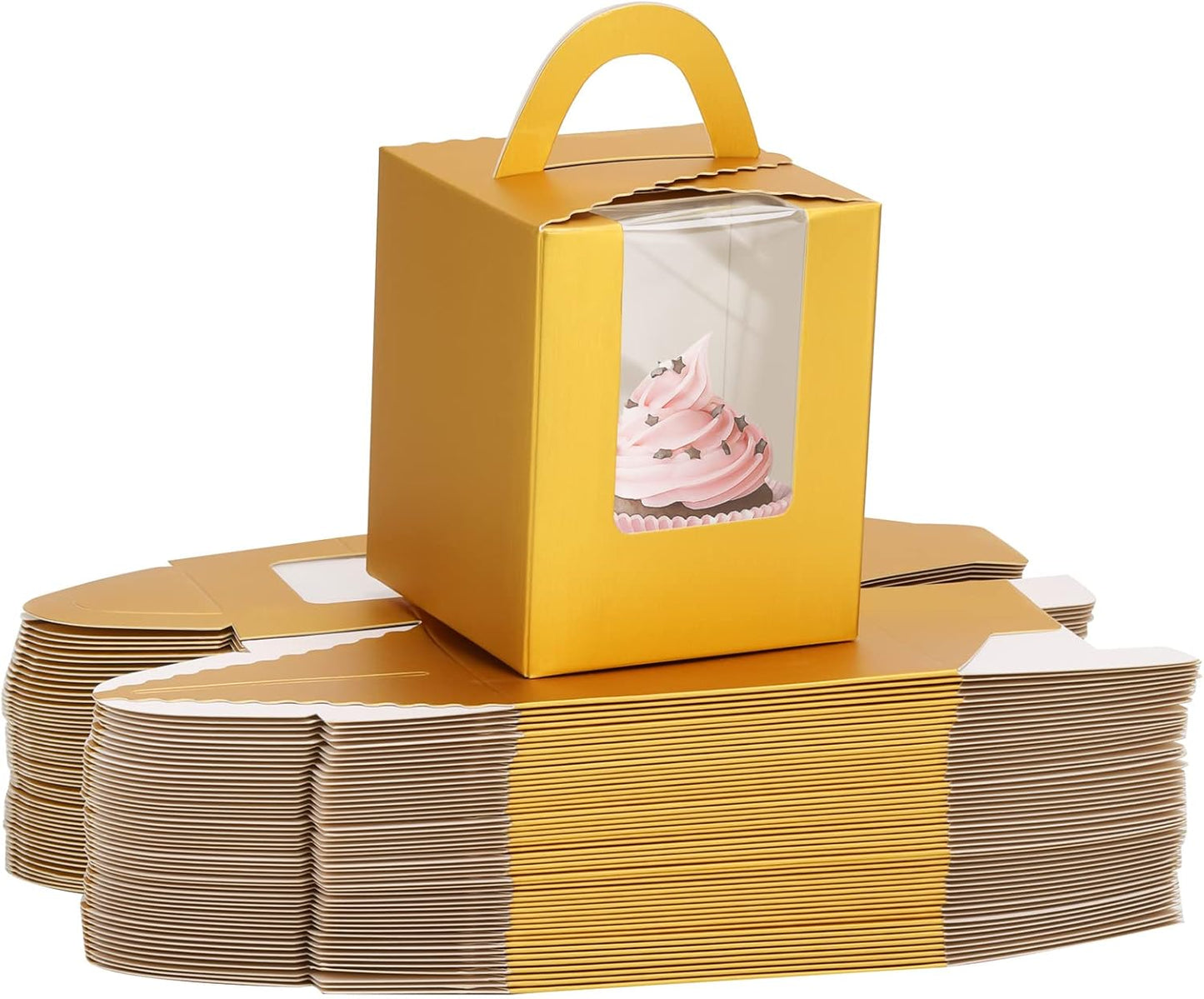 acDesign 100Pcs Cupcake Boxes With Window 3.6in*3.6in*4.3in Single Individual Cupcake Boxes With Handle and Inserts for Wedding Birthday Party Treats Gift,Black