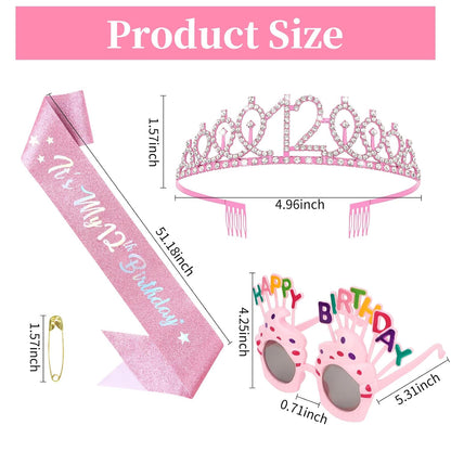 YARIEW 3rd Birthday Decorations, 3rd Glitter Purple Sash and Crown Kit with Happy Birthday Sunglasses, Tiara Princess Crown and Sash Party Outfit Accessory