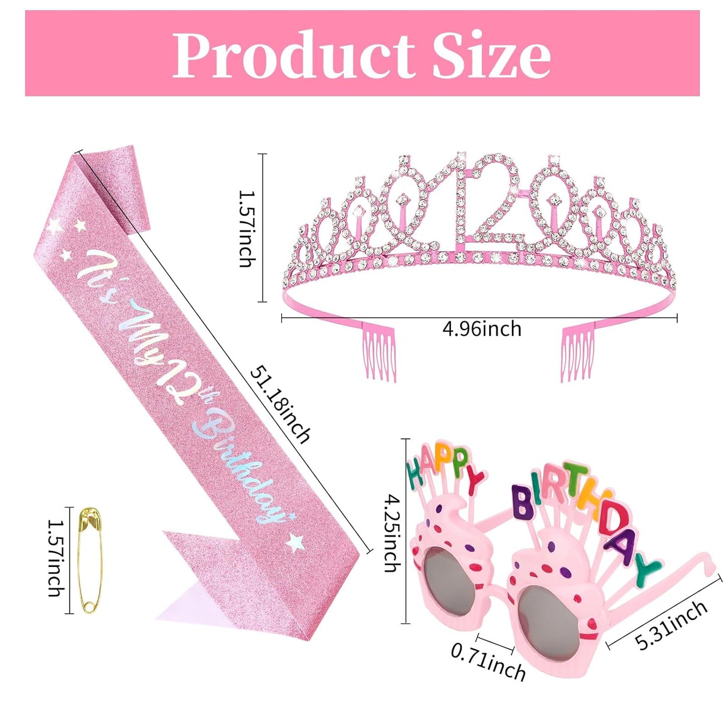 YARIEW 3rd Birthday Decorations, 3rd Glitter Purple Sash and Crown Kit with Happy Birthday Sunglasses, Tiara Princess Crown and Sash Party Outfit Accessory