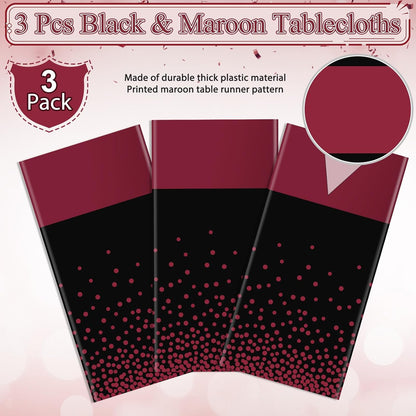 MASHAN 3Pcs Black and Red Tablecloth Party Decorations,Plastic Black Table Cloth Printed Red Table Runner Disposable Rectangle Cover for Birthday Weeding Anniversary Graduation Party,54 x108 Inch
