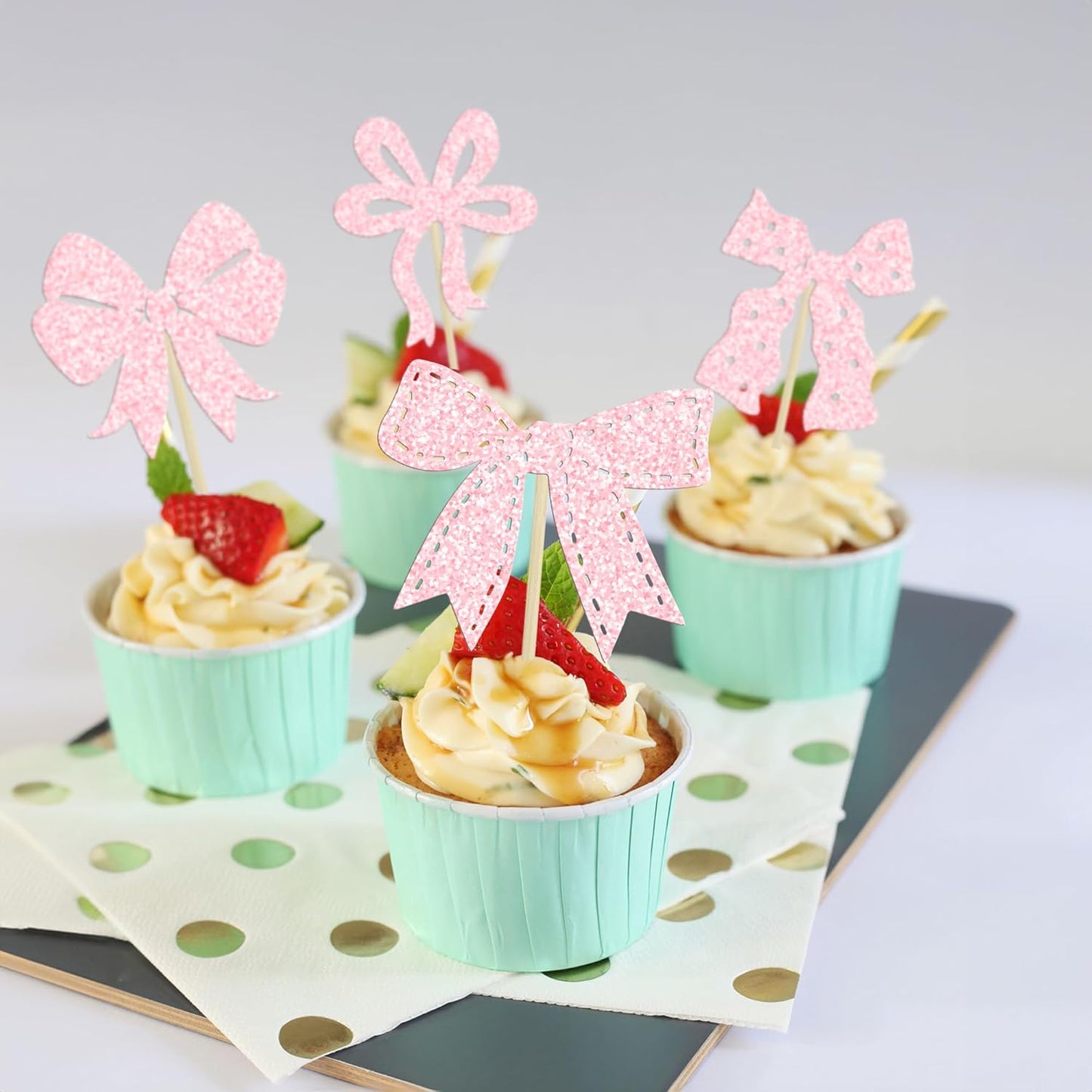 Ephlyn 24Pcs Pink Bow Cupcake Toppers Bow Birthday Cake Topper Girls Birthday Party Decorations Bowknot Cupcake Decorations for Bridal Wedding Themed Party Multi