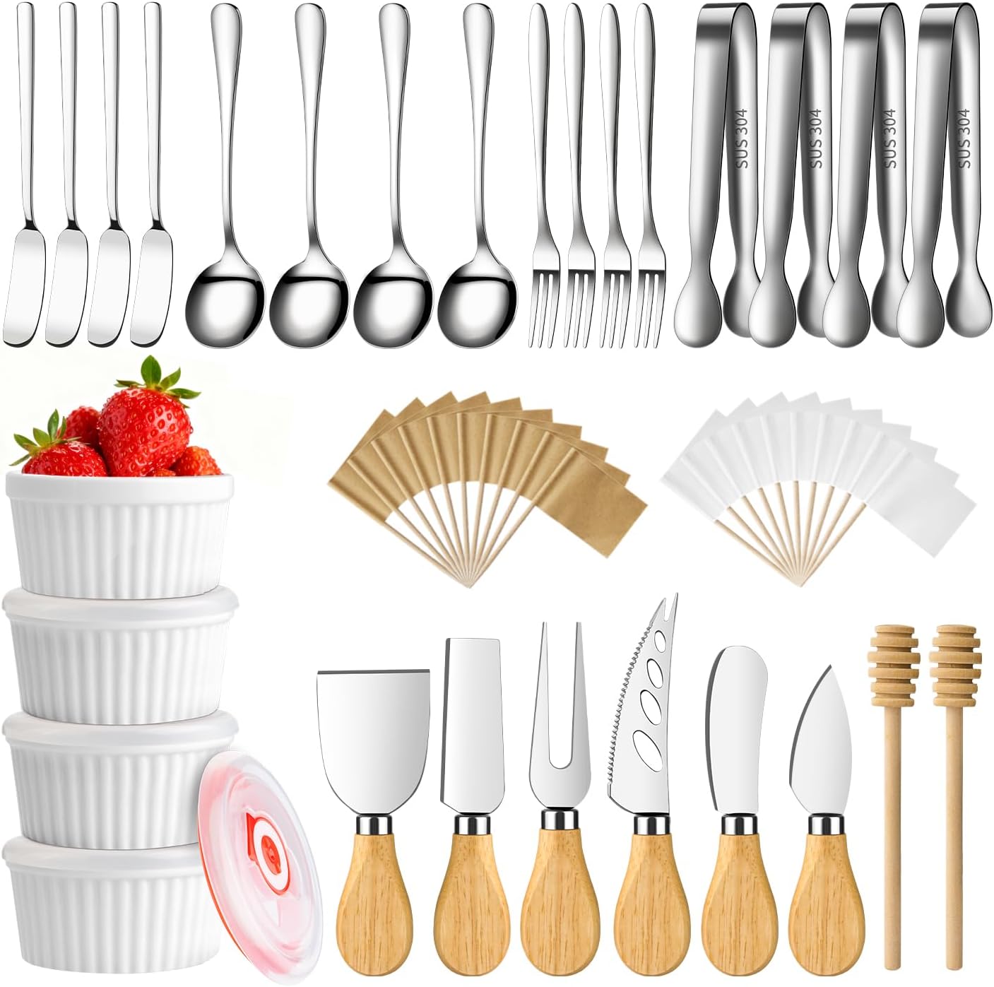 Gold Charcuterie Boards Accessories Bowls Utensils, Cheese Knife Set Mini Butter Spreader, Serving Tongs, Forks, Spoons, Dipping Bowls with Lids, Toothpick Flag, Honey Dippers for Party Platter Making
