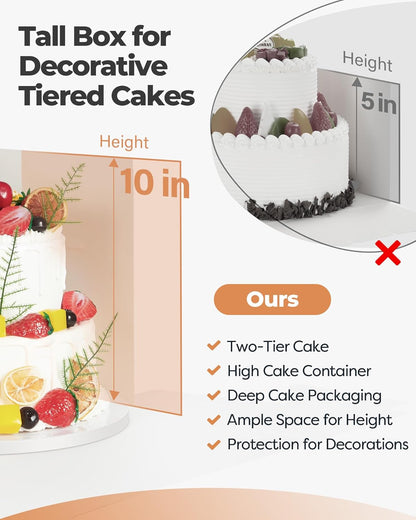 Kootek Cake Box with Board Drum, 10x10x10 Inches Tall Bakery Box with Window, Disposable Cake Container with Lid for Multi-Layer Cake, Decorating, Wedding, Birthday, Party