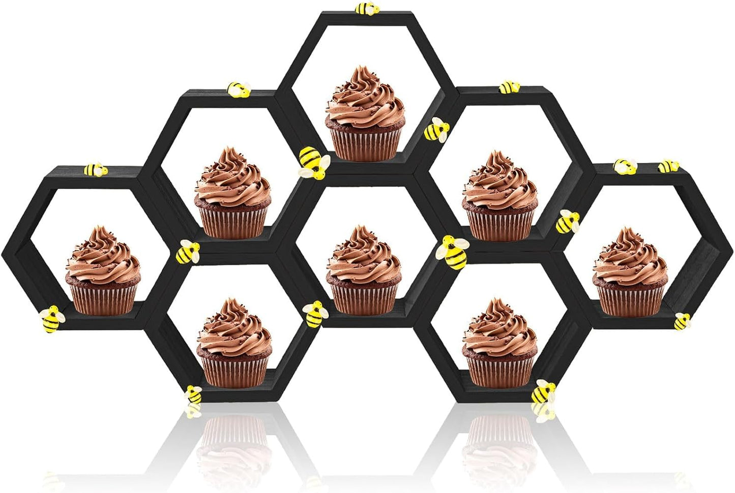 8 Pcs 4.13 Inch Honeycomb Cupcake Stand Cake Farmhouse Hexagon Display Holder Hexagonal Wood Cupcake Stand Floating Table Sign with Wooden Bee for Wedding Baby Shower Birthday Party Table Decorations