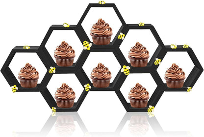 8 Pcs 4.13 Inch Honeycomb Cupcake Stand Cake Farmhouse Hexagon Display Holder Hexagonal Wood Cupcake Stand Floating Table Sign with Wooden Bee for Wedding Baby Shower Birthday Party Table Decorations